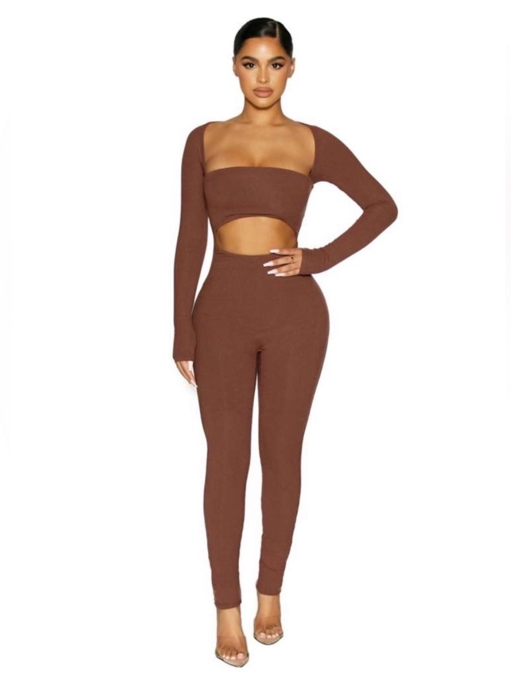 Naked Wardrobe • Squared away snatched brown jumpsuit